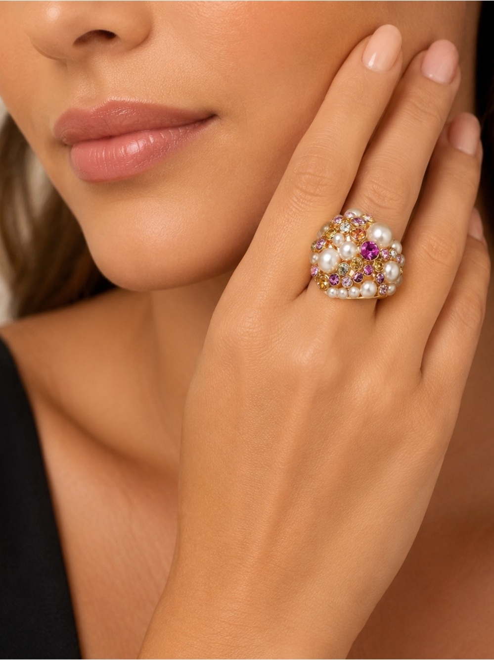 Kate Spade Gold-Tone Pearl & Multicolor Crystal Dome Ring Sz 7